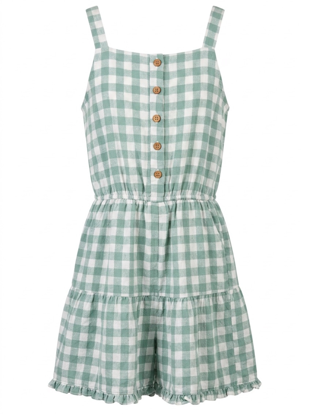 Girls Green Gingham Romper with Button Front